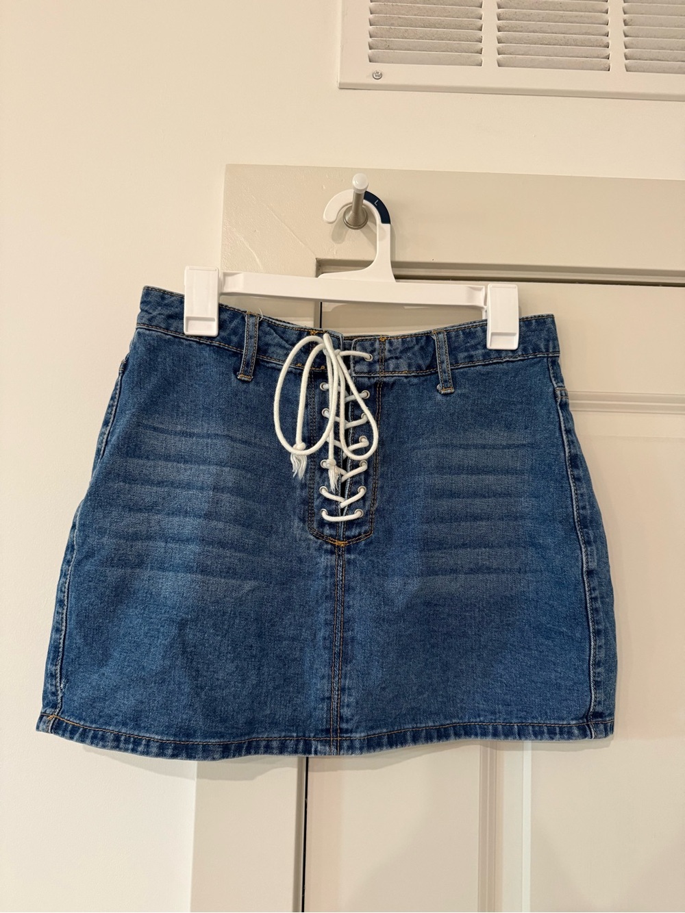 Denim Lace-Up Mini Skirt in Blue